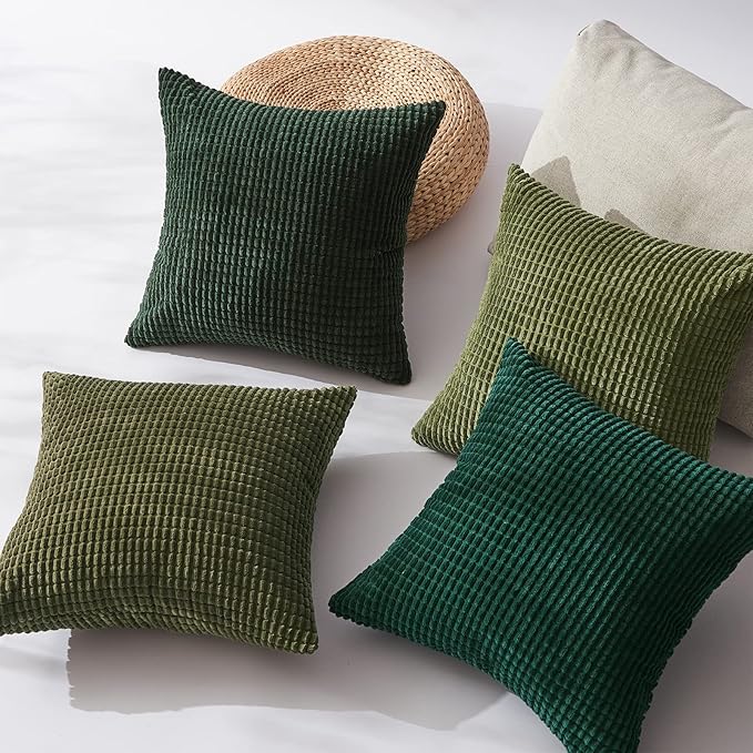Topfinel Fall Pillow Covers Set of 4 Soft Corduroy Boho Strip Textured Green Pillow Covers Modern Farmhouse Cute Autumn Home Decor Green Living Room Sofa Couch Bed 55x55 cm