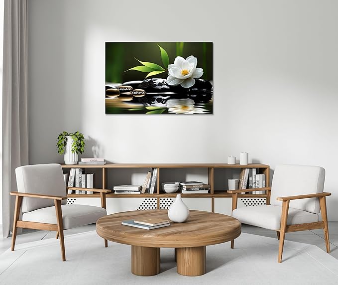 YIOZHAOFH Lotus Flower Wall Art Zen Canvas Inhale Exhale Poster Black Spas Nature Prints Pictures for Meditation Wall Decor Framed Artwork Ready to Hang (24.00" x 36.00")