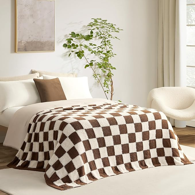 Snuggle Sac Brown Checkered Throw Blanket Faux Fur Microfiber Blankets for Couch,Cozy Soft Warm Blanket for Sofa Bedroom Living Room,Brown Checker,60x80 inches