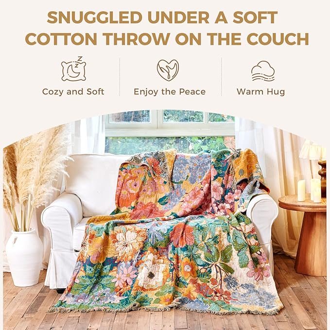 Boho Throw Blanket for Couch Sofa Chair Cotton Spring Blankets for Bedroom Living Room All Season Soft Lightweight Reversible Floral Embroidery Breathable Decorative Throws 50"x60"