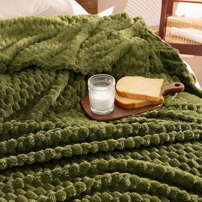 David's Home Ultra Cozy Fleece Blanket Throw Size, Fluffy Soft Lightweight 3D Jacquard Flannel Breathable Blanket Durable for All Seasons, Elegant Layer for Bed Couch Home Room Decor, Olive Green
