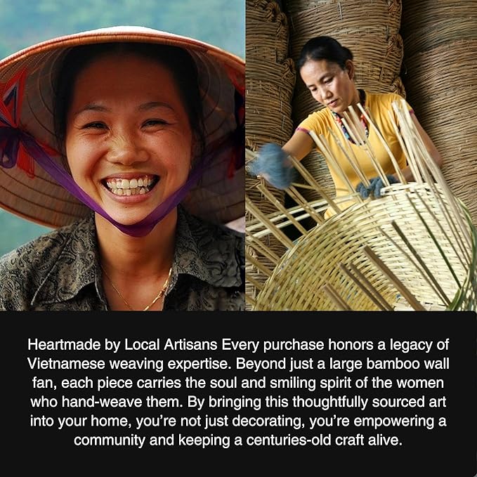 Chicvillage Bamboo Wall Fan Decor - 47” Handmade Woven Bamboo Wall Hanging Fan, Large Japanese Fan Wall Decor for Above Bed, Boho Natural Asian Wall Art, Lightweight & Easy to Hang (Black)