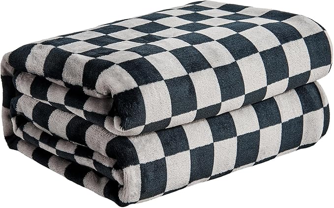 FY FIBER HOUSE Checkered Flannel Fleece Throw Blanket Soft Cozy Checkerboard Grid Print Chessboard Gingham Pattern Blankets for Bed Couch Sofa, 60"x80", Black Grey