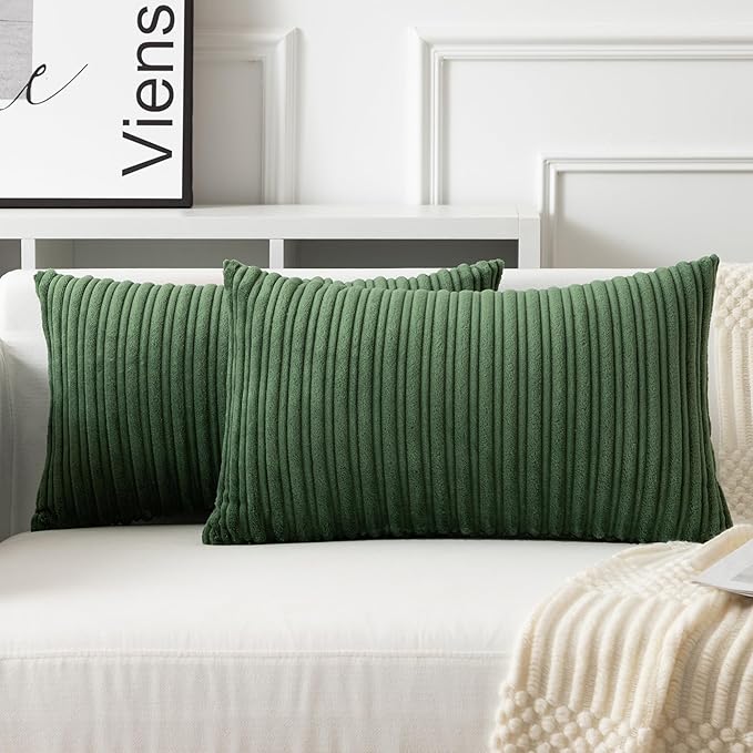 UGASA 14x24 Inch Pillow Cover Pack of 1 Soft Boho Stripe Corduroy Long Rectangular Lumbar Cushion Cover Farmhouse Decorative Throw Pillowcase for Bed, Couch, Sofa, Bedroom, Living Room, Moss Green
