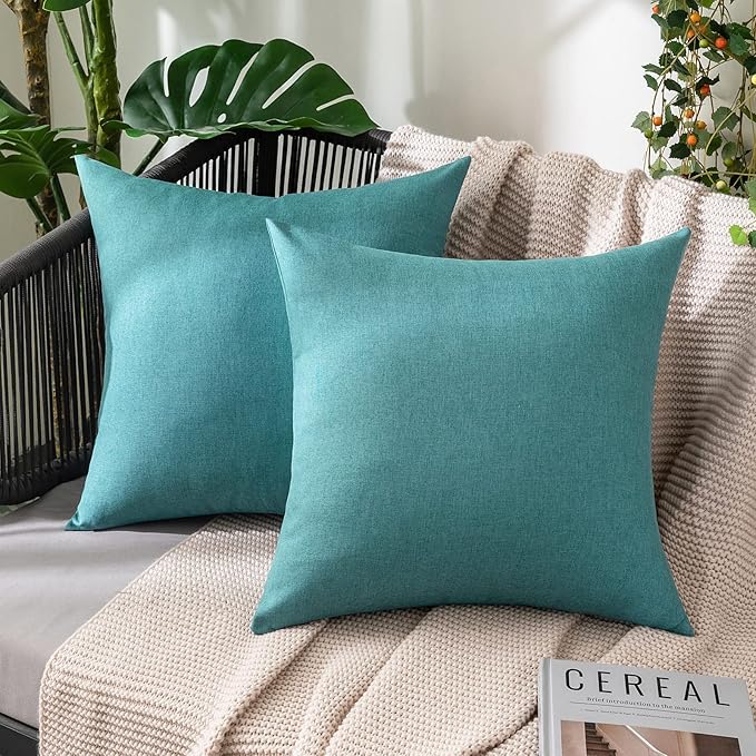 MIULEE Pack of 2 Decorative Outdoor Solid Waterproof Throw Pillow Covers Euro Sham Faux Linen Garden Farmhouse Coastal Cushion Cases for Summer Patio Tent Balcony Couch Sofa 24x24 Inch Turquoise