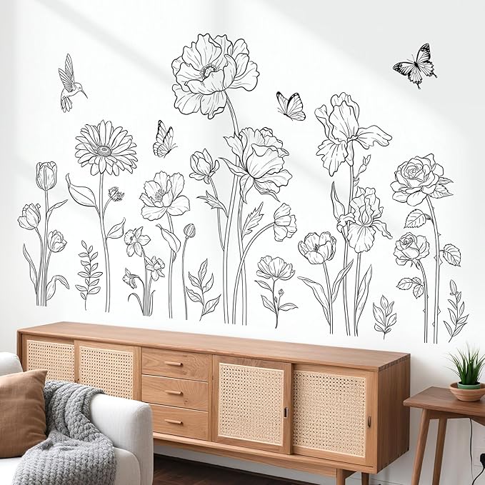 decalmile Large Black Boho Flower Wall Decals Simple Sketch Floral Wildflower Butterfly Wall Stickers Bedroom Living Room Sofa TV Background Home Decor