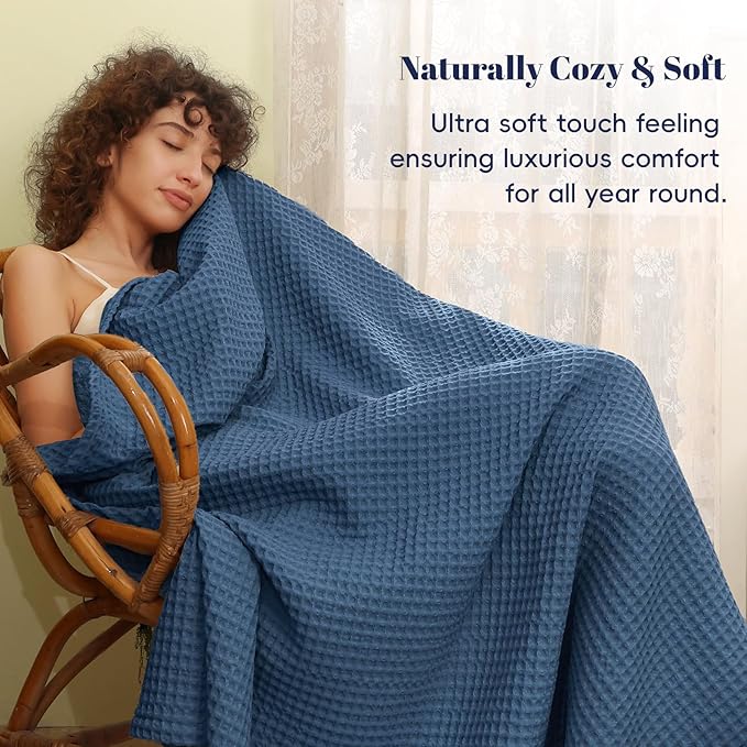 PHF Ultra Soft Waffle Weave Blanket Twin Size 66"x 90"- Washed Lightweight Breathablee Cozy Woven Blanket - Great for Couch Bed Sofa Home Car - Navy Blue