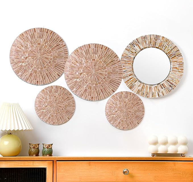 Wesiti 5 Pcs Christmas Wall Art Decor Boho Mother of Pearl Mirror Wall Decor Handmade Bohemia Hanging Plates Art for Bedroom Bathroom Decoration