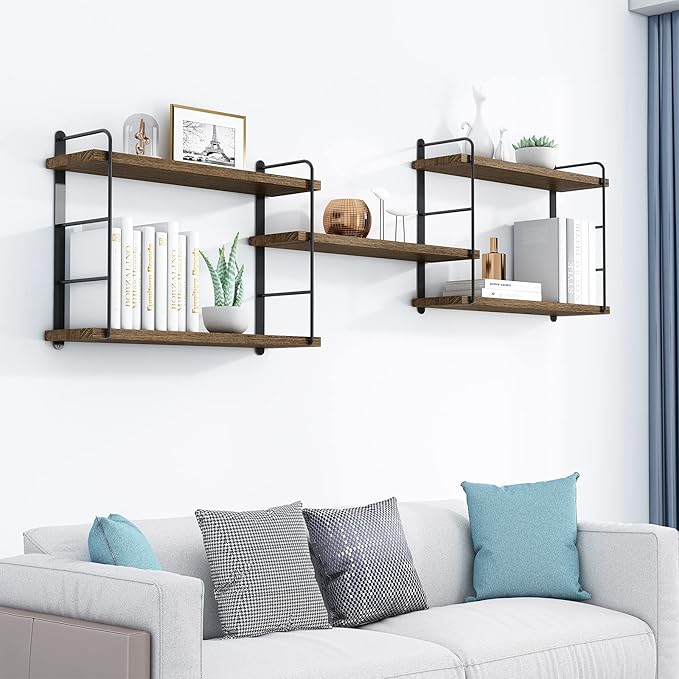 Wall Shelves, Wall Mounted Bookshelves, DIY Floating Shelves for Wall, Wood Hanging Book Shelves for Room, Bedroom, Living Room, Easy Installation (Brown, 50W x 17H)