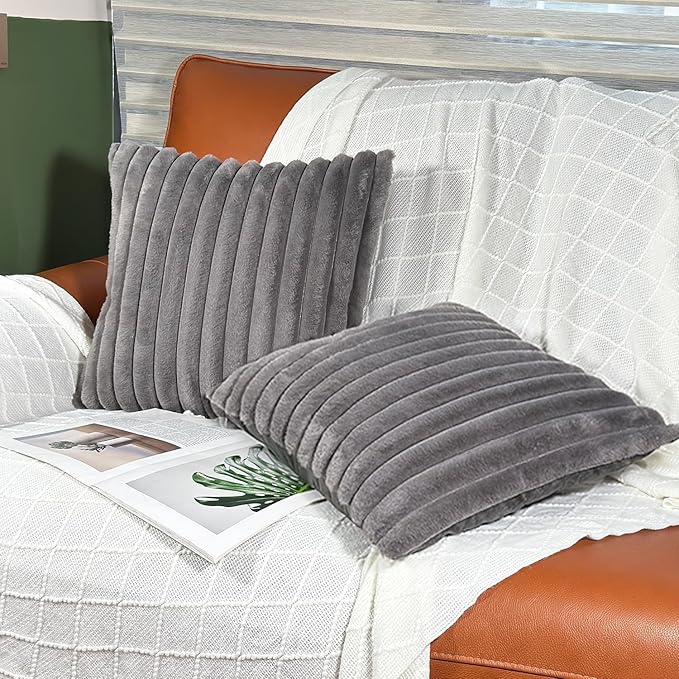 16x16 Throw Pillow Covers Set of 2, Decorative Faux Fur Covers for Bed, Couch Soft Fluffy Pillow Cover with Velvet Back for Living Room, Neutral Home Décor Accent for Sofa - Dark Gray
