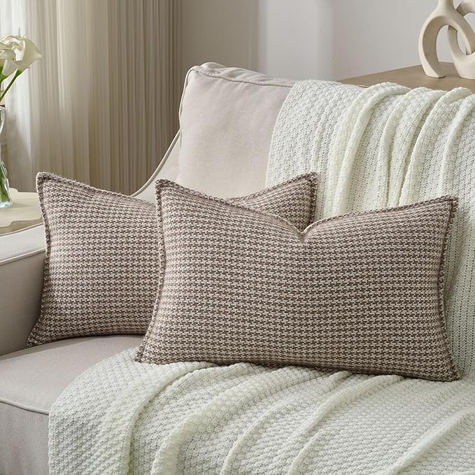 FUTEI Coffee Decorative Throw Pillow Covers 12x20 Inch Set of 2,Soft Houndstooth Gingham Textured Lumbar Pillow Cases,Modern Home Decor for Couch Bed Living Room