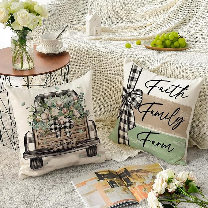 AVOIN colorlife Home Sweet Home Farmhouse Eucalyptus Leaves Throw Pillow Covers, 18 x 18 Inch Truck Stripes Buffalo Plaid Cushion Case Decorations Set of 4