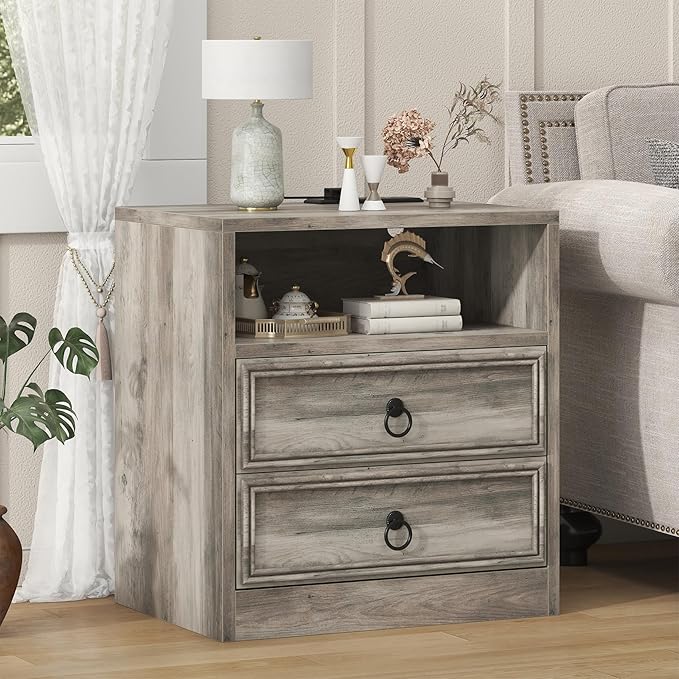 Farmhouse Nightstand with Charging Station, 21.7" Wide End Table with 2 Drawers & Open Compartment, Grey Wood Side Table, Bedside Table for Bedroom, Living Room, Sofa