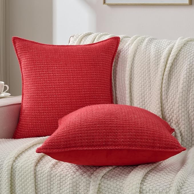 FUTEI Valentine's Day Red Decorative Throw Pillow Covers 22x22 Inch Set of 2,Soft Houndstooth Gingham Textured Cushion Case,Modern Home Decor for Couch Bed Living Room