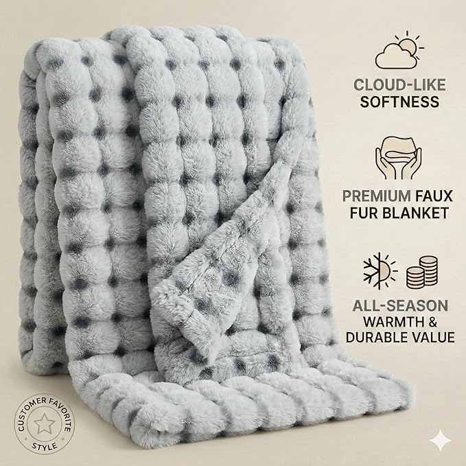Luxury 1000GSM Throw Blanket, 50x60 Inches, Ultra Soft Double-Sided Faux Rabbit Fur, 3D Bubble Textured Frosted Black & White, Reversible High-Density Plush Warm Blanket for Sofa & Bed