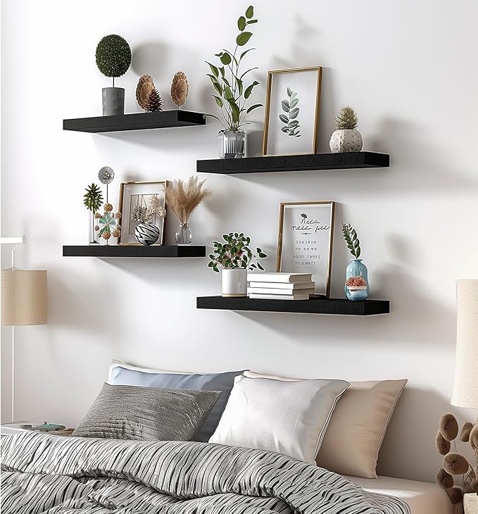 Wood Floating Shelves for Wall Decor, Rustic Wall Shelves for Bedroom Bathroom Kitchen Living Room, Set of 6 Black