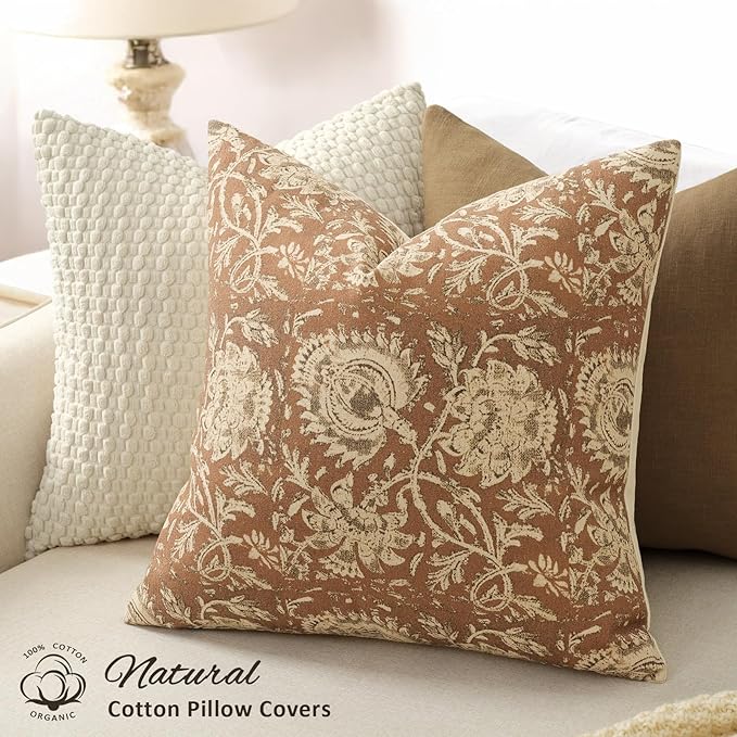 Vintage Floral Print Throw Pillow Covers 22x22 Set of 2 Neutral Modern Farmhouse Accent Decorative Cushion Covers Boho Home Decor for Couch Sofa Chair Bed Living Room, Cognac