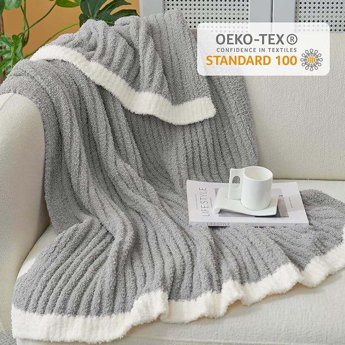 Snuggle Sac Ribbed King Size Blanket for Bed, Cozy Soft Fuzzy Microfiber Knit Stripe Bedding Blankets, Grey, 108x90 inches