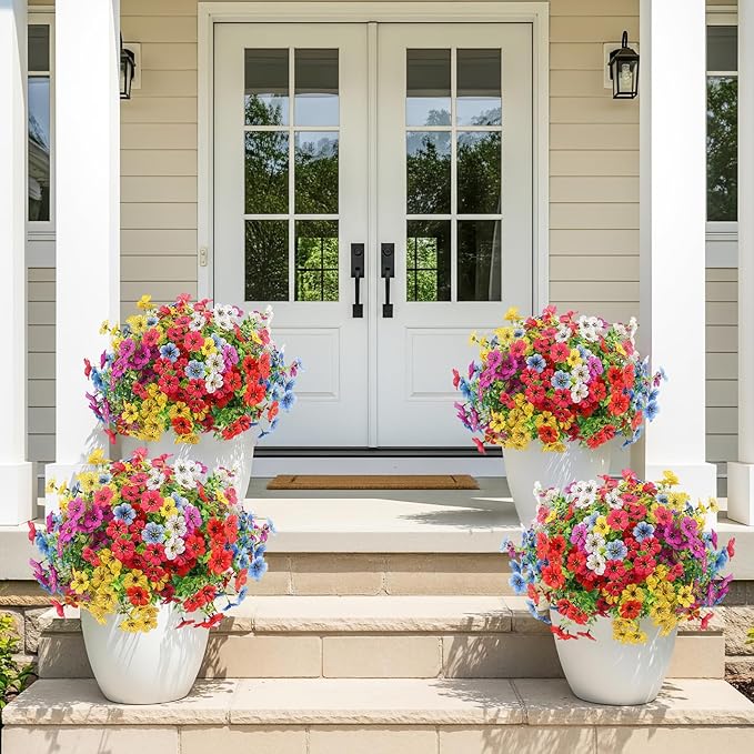 Artificial Spring Flowers Outdoor Faux Plants UV Resistant Fake Patio Flowers Plastic Greenery Plnats Outside Bulk for Spring Garden Hanging Planter Home Vase Decor, 36 Bundles (Multicolor)
