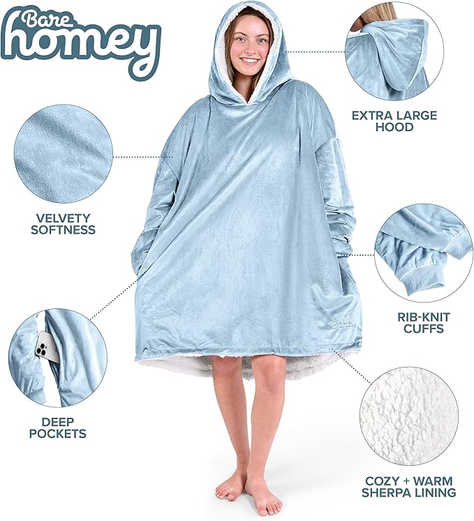 Bare Home Wearable Blanket Hoodie - Soft Plush Sherpa - Warm and Cozy - Oversized Wearable Blanket - Adult & Kid Sizes