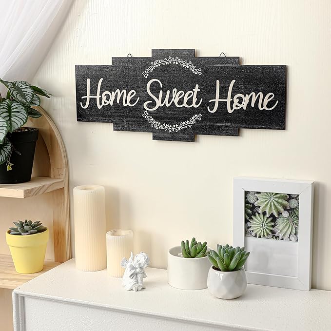 Jetec Home Sweet Home Sign, Rustic Wood Room Wall Decor, Farmhouse Plaque Wall Hanging Wooden Sign for Bedroom, Living Room, Wedding Decor(Black)