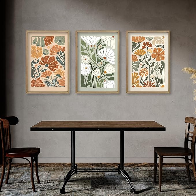 Wildflower Floral Green Botanical Wall Art Print 16"x24" Set of 3 flower Illustrations Minimalist Modern Boho Sign Wood Framed for Living Room Bedroom Office Abstract Wall Hang Decor (Wood)
