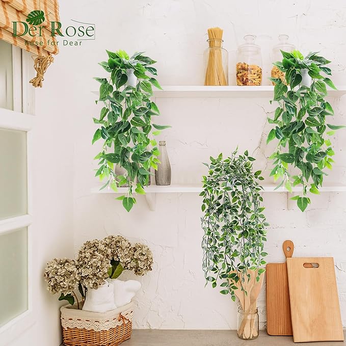 Der Rose 4 Pack Fake Plants Hanging Faux Potted Ivy Vine Artificial Mandala Plants for Room Bathroom Wall Shelf Decor Indoor