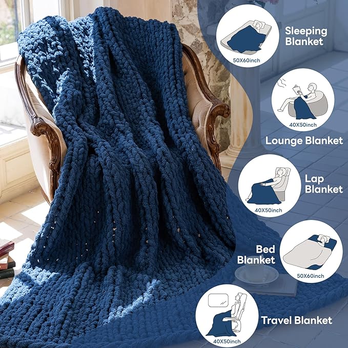 Chunky Knit Blanket - Luxury Soft Cozy 40 * 50 Throw Blanket,100% Woven Blanket Rope Knot Throw Blanket for Couch, Sofa, Home Decor, Gift - Machine Washable (Deep Blue, 40 * 50)