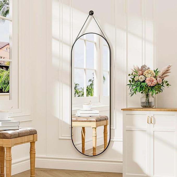 TinyTimes 48"x16" Hanging Mirror Full Length with Leather Strap,Oval Full Length Mirror Wall-Mounted Hanging Mirrors for Bathroom Vanity Living Room Bedroom Entryway Décor, Black