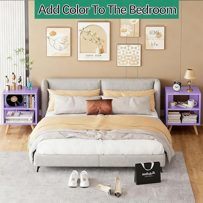 Night Stand, Purple Nightstand, Modern End Table with Open Storage, 2-Tier Wooden Bedside Table for Small Space, Living Room, Bedroom