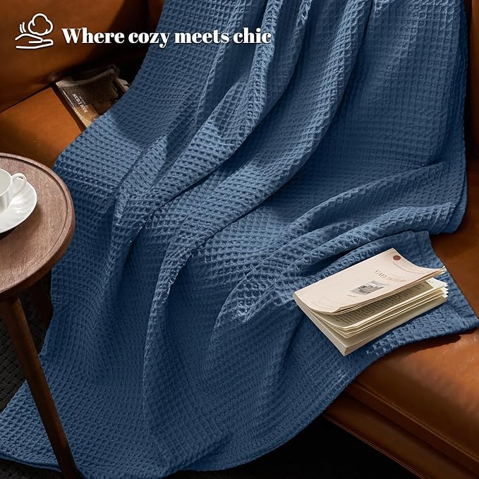PHF Ultra Soft Waffle Weave Blanket King Size 104"x 90"- Washed Lightweight Breathablee Cozy Woven Blanket - Great for Couch Bed Sofa Home Car - Navy Blue