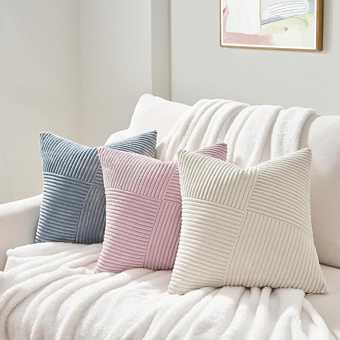 Topfinel 22x22 inches Dustyblue Euro Pillow Shams Set of 2 Corduroy Decorative Throw Pillow Covers for Bedroom Living Room, Windmill Textured Striped Patchwork Couch Pillow Covers 55x55 cm
