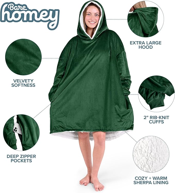 Bare Home Wearable Blanket Hoodie - Soft Plush Sherpa - Warm and Cozy - Oversized Wearable Blanket - Adult & Kid Sizes