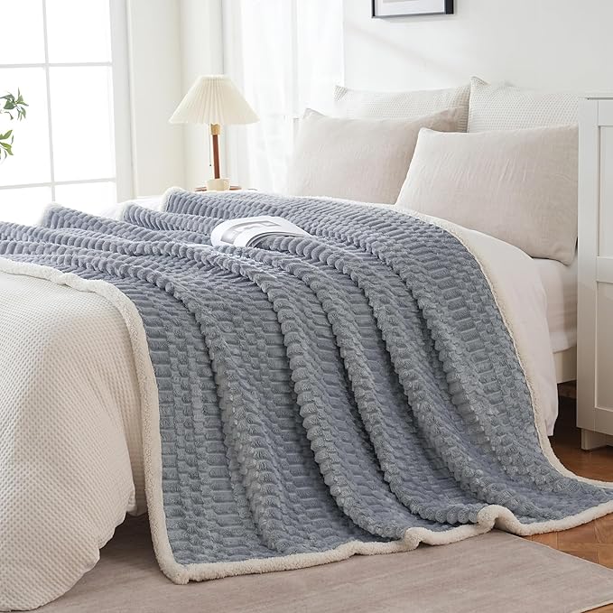 Sherpa Throw Blanket for Couch Flannel Cozy Soft Thick Blanket Warm Twin Blanket for Bed Fleece Home Decor Gifts, Z01 - Grey Blue, 60"*80"