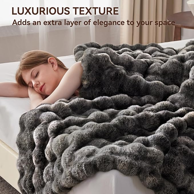 Faux Fur Throw Blanket, 1000GSM Fluffy Soft Bubble Blanket for Couch Bed, Cozy Plush Warm and Thick Blanket, Fuzzy Rabbit Throw for Living Room Bedroom 90''*104'' Tie-dye Grey