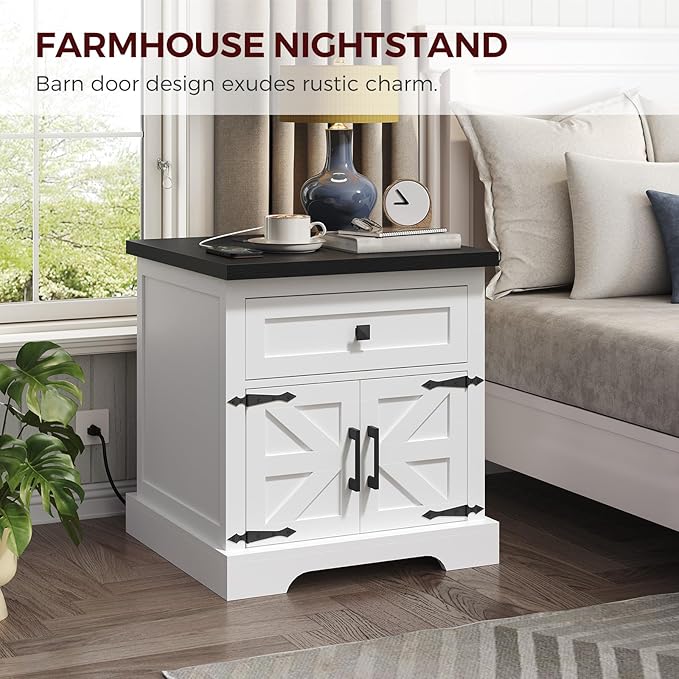 Farmhouse End Table with Charging Station, 23.6" Large End Tables Living Room, Sofa Side Table with Barn Door, Wooden Rectangular Nightstand Bedside Table with Drawer, Black ETBB157E01
