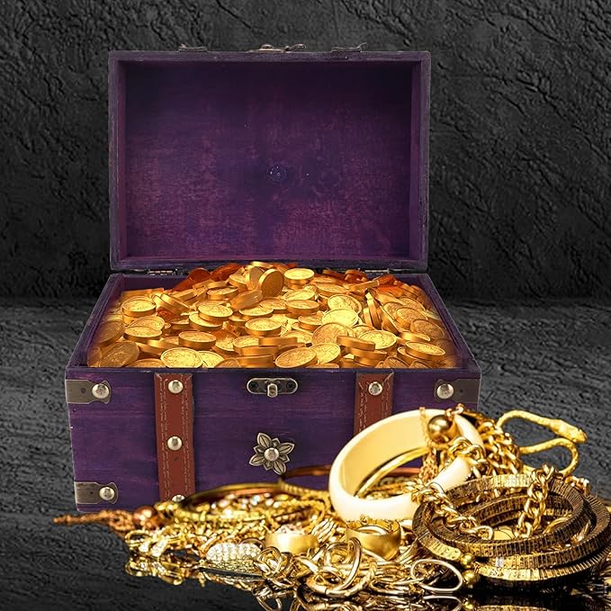 Vintage Treasure Chest Box, Wooden Jewelry Storage Box with Leather & Metal Accents, Decorative Retro Trunk for Home Bedroom Gifts (8.54x5.91x5.12in) (Purple)