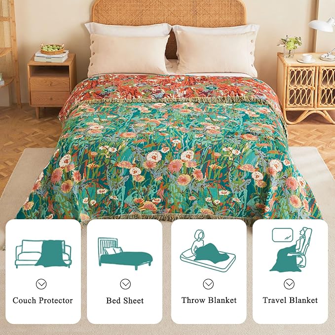 Boho Throw Blanket - 90"x108" 100% Cotton Ultra Soft Lightweight Spring Blanket, 4-Layer Breathable Muslin Blankets for Bed Couch, Reversible Green Floral Printed Bohemian Cotton Quilt