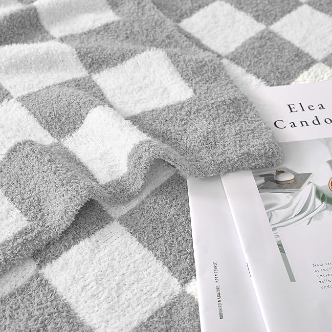 Checkered Throw Blanket, Light Grey Soft Cozy Fluffy Knitted Throw Blankets for Couch, Sofa, Bed, Chair, Warm Fuzzy Travel Picnic Lightweight Plaid Blanket, 60x80 inches