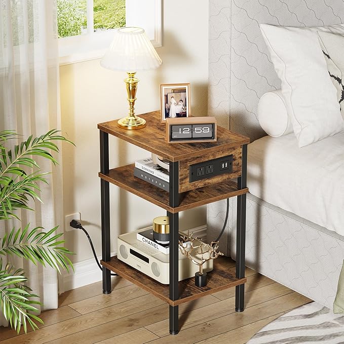 Side Table with Charging Station, End Tables Living Room, 21.7 Inch Skinny Night Stand with Storage, Small Bedside Tables for Bedroom, Office, Dorm, Hallway, Rustic Brown