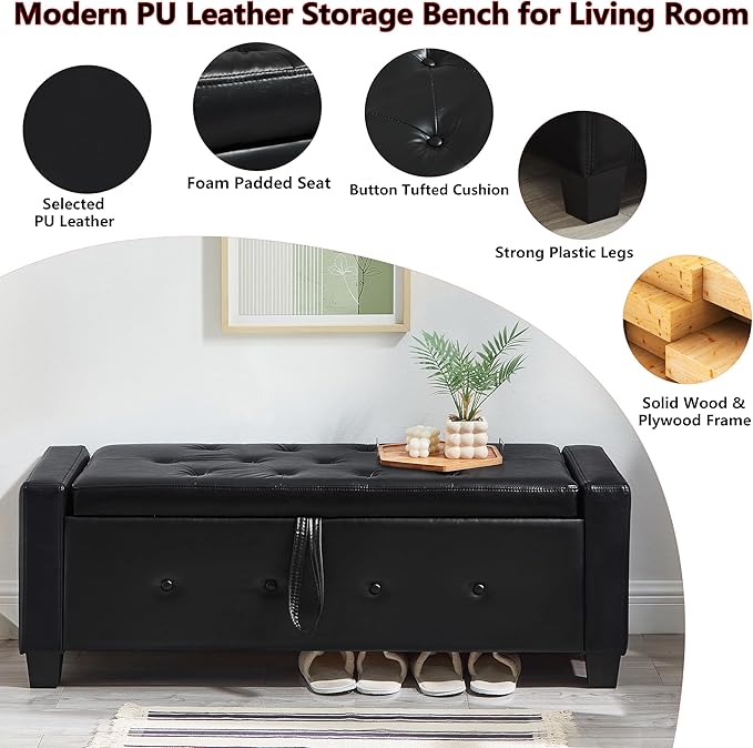 48" PU Leather Storage Ottoman Bench for Bedroom Bed End,Tufted Faux Leather Ottomans with Storage for Living Room,Bedside,Entryway,Modern Window Benches with Seating (PU Black, 48")