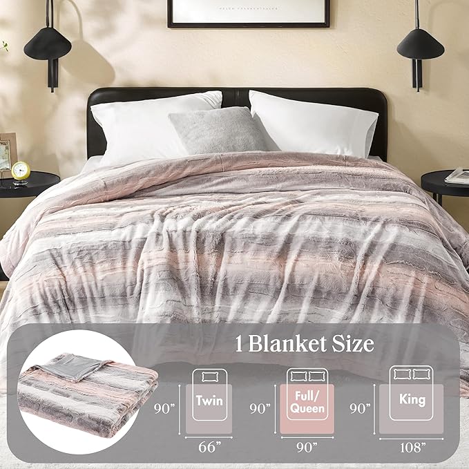 Madison Park Queen Size Blanket Ultra-Soft Poly Fur Queen Size, Reversible Plush, All Season & Lightweight Queen Fuzzy Blanket for Bed, Couch & Sofa, Zuri, Full/Queen Blush/Grey