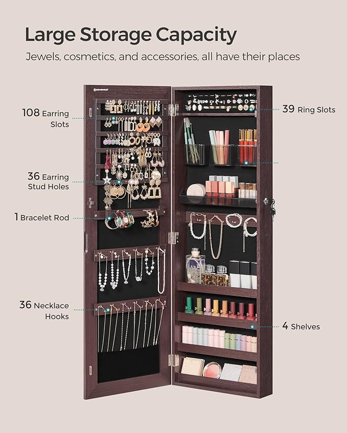 SONGMICS Jewelry Cabinet Armoire, Lockable Wall-Mounted Organizer Unit with 2 Plastic Cosmetic Storage Trays, Full-Length Frameless Mirror, Brown UJJC001K01
