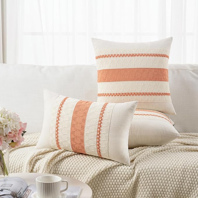Fancy Homi Set of 2 Boho Coral Big Decorative Throw Pillow Cover 24x24 Inch for Couch Bed Bedroom, Aesthetic Modern Organic Farmhouse Room Decor, Soft Cotton Accent Macrame Woven Cushion Case