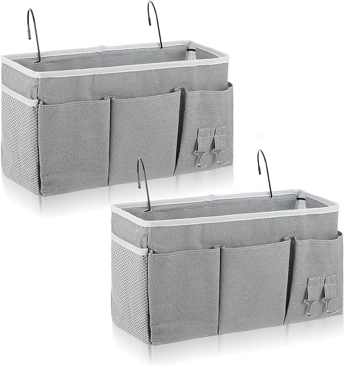 2 Pcs Bedside Caddy, Hanging Storage Organizer with Pockets for Bunk Beds, College Dorm, Bed Rails, Holds Books, Phones, Glasses, Keys, Gray