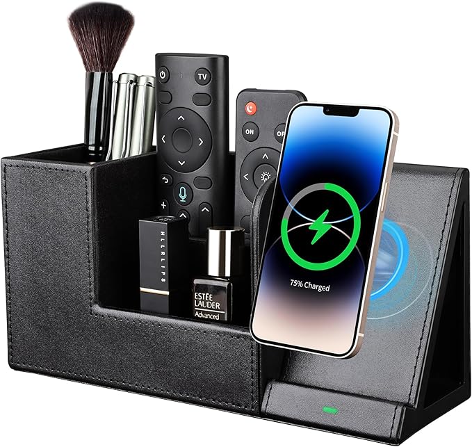 KINGFOM PU Leather Desk Organizer with Wireless Charging Station for iPhone, 10W Wireless Charger for iPhone 14/14 Pro/13/12/Samsung Galaxy S23/S22/S21/Note 20/Note 10(Black-L)