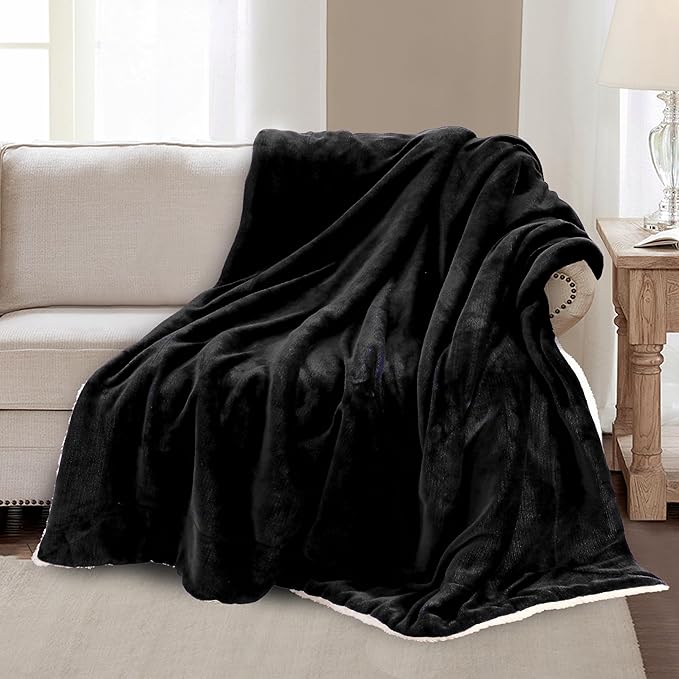 Mocassi Premium Ultra-Soft Velvet Touch Flannel Fleece Sherpa Throw - Warm Cozy Reversible Plush Micromink Throw Blanket for Couch, Bed and Sofa - Fluffy, Christmas Winter Bedding Gift, Black