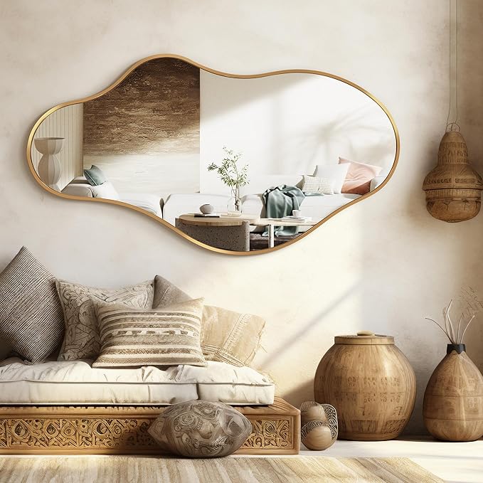 Bathroom Mirrors for Over Sink - Long Wall Mirrors Decorative 24"x 43" Asymmetrical Abstract Aviation Aluminum Alloy Frame Unique for Bedroom, Living Room, Cloakroom, Entryway Gold