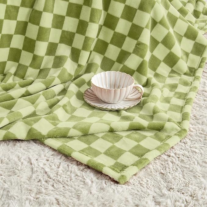 FY FIBER HOUSE Checkered Flannel Fleece Throw Blanket King Size Soft Cozy Checkerboard Grid Print Chessboard Pattern Blankets for Bed Couch Sofa, 90"x108", Sage Green