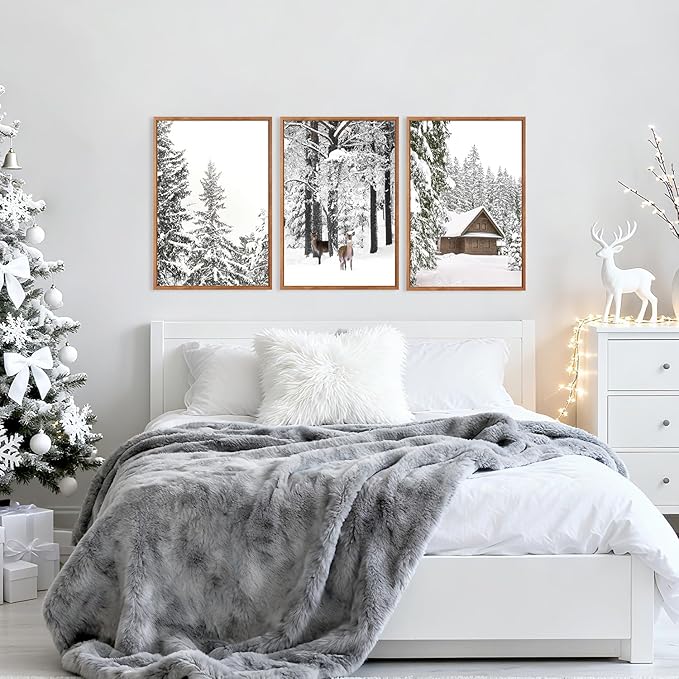 CHDITB Winter Wonderland Framed Canvas Wall Art Set Of 3, Nature Deer Wall Decor, Snowy Landscape Wall Painting, Farmhouse Winter Scene Cottage Art Prints for Living Room, Bedroom Decor (12X16 Inch)